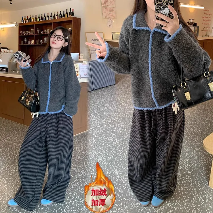 孕妇套装秋款外穿加绒加厚2025年新款格子毛呢阔腿裤慵懒风遛弯裤