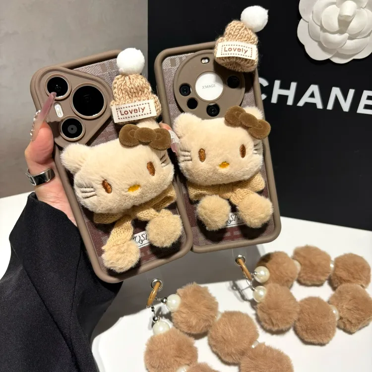 冬季毛绒kitty挂绳适用苹果17/16promax手机壳华为P70vivo小米15