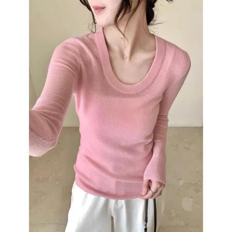 春季新款鹅蛋领打底衫女修身百搭显瘦纯色长袖内搭可外穿上衣U领T