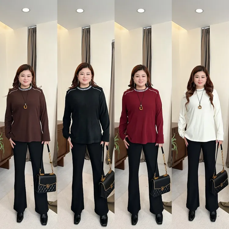 【上新上衣】PMM82289秋季新款套头烫钻半高领保暖显瘦大码女装T