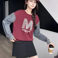 2427#【衣长53】圆领秋季拼接牛仔长袖女套头卫衣时尚休闲上衣拼色