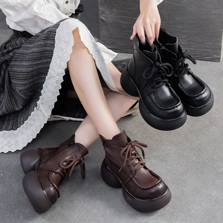 秋冬新款头层牛皮侧拉链粗跟马丁靴复古时尚休闲百搭短靴女22639