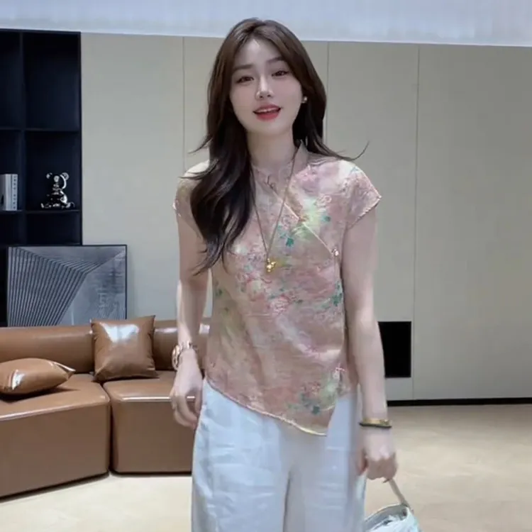 新中式国风盘扣短袖衬衫女2025新款夏季设计感斜扣小衫不规则上衣