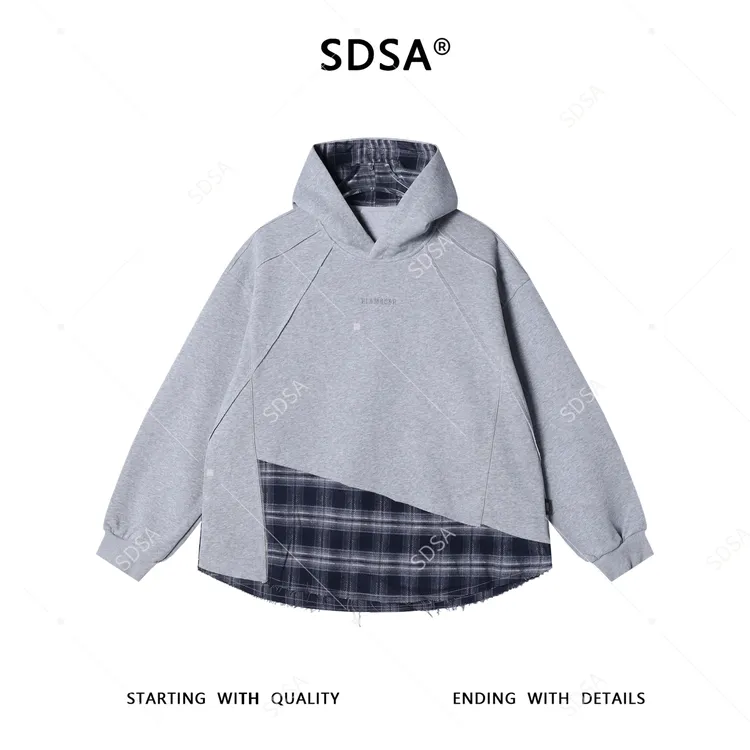 SDSA秋冬新款痞帅男装复古解构格子拼接假两件连帽卫衣宽松休闲