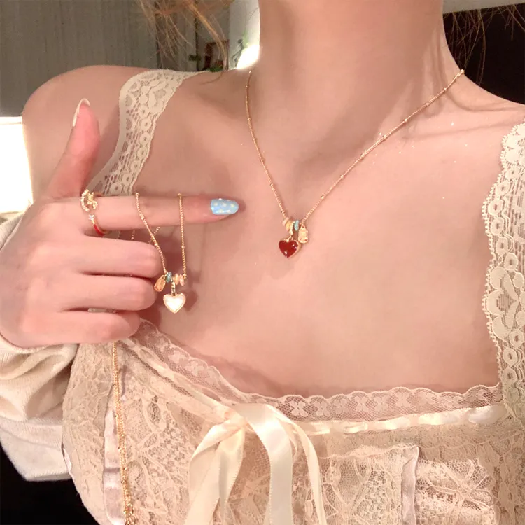 铜合金项链 韩系精致双面滴油爱心项链女轻奢高级毛衣链秋冬配饰