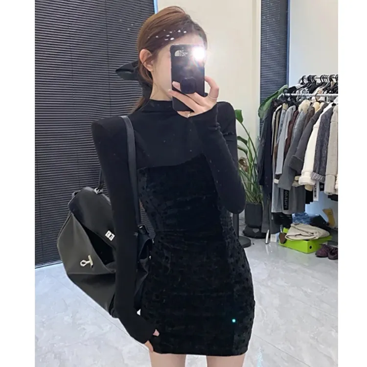 法式复古波点高领无袖连衣裙女2025秋季新款收腰显瘦绝美包臂短裙