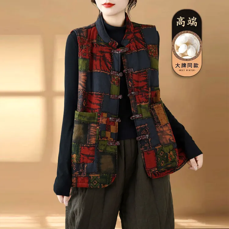 秋冬新款中式棉麻印花盘扣棉服马夹背心文艺复古加厚保暖马甲外搭