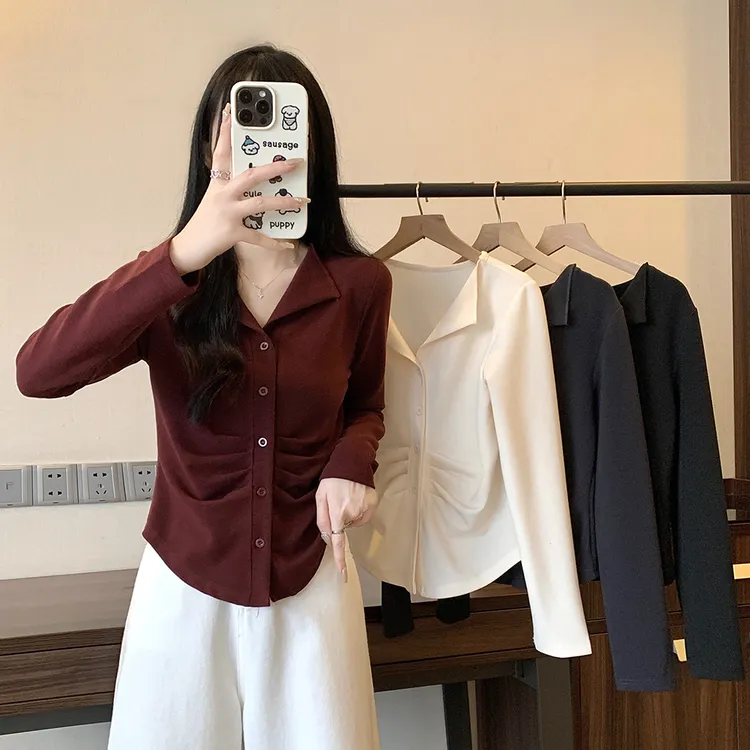 2025大码女装新款翻领褶皱长袖内搭打底开衫上衣T恤纯色百搭休闲