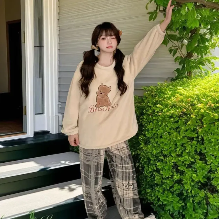 大码250斤睡衣胖MM冬季牛奶绒保暖圆领套头家居服套装百搭宽松