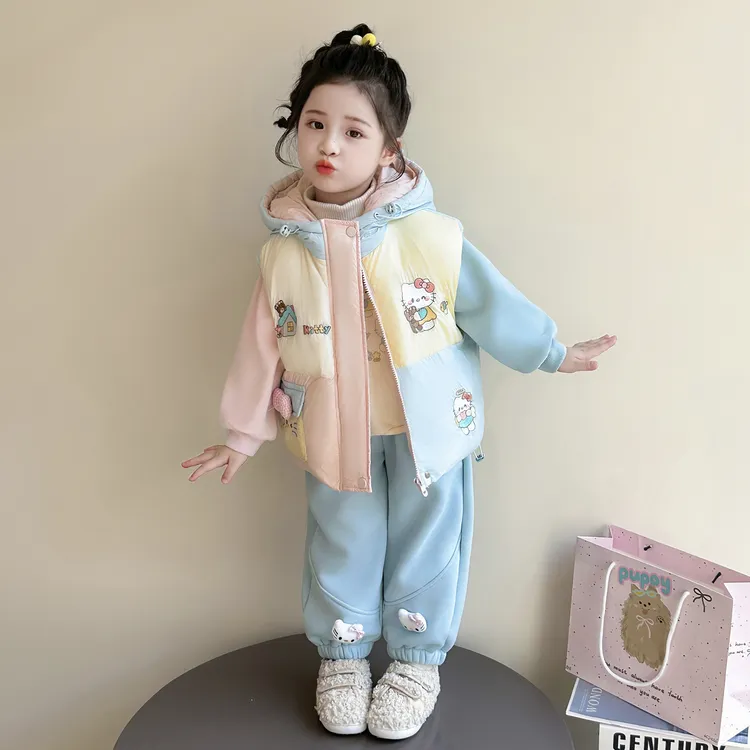 女童卡通马甲套装秋冬季时尚潮流甜美洋气儿童加绒保暖冬装三件套