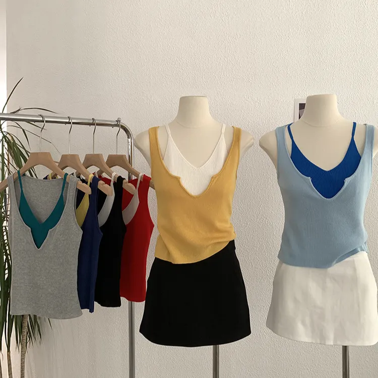 欧玛莱假两件拼接撞色挂脖短款针织吊带衫夏季韩版百搭上衣挂脖款