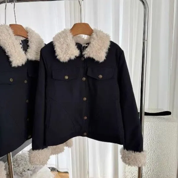 小众棉服秋冬新款修身藏蓝色短款外衣夹棉毛领拼接夹克上衣外套女