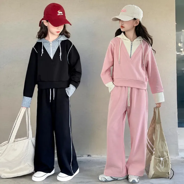 女童2025年秋装秋季新款中大童洋气中大童假两件连帽针织套装童装