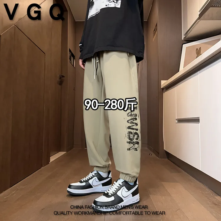 VGQ男士系绳休闲裤秋季新款加肥加大码美式休闲时尚帅气束脚裤子