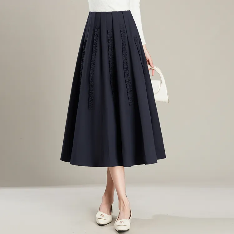 藏蓝色半身裙女2025秋冬季新款收腰a字花边大摆裙中长款百褶伞裙