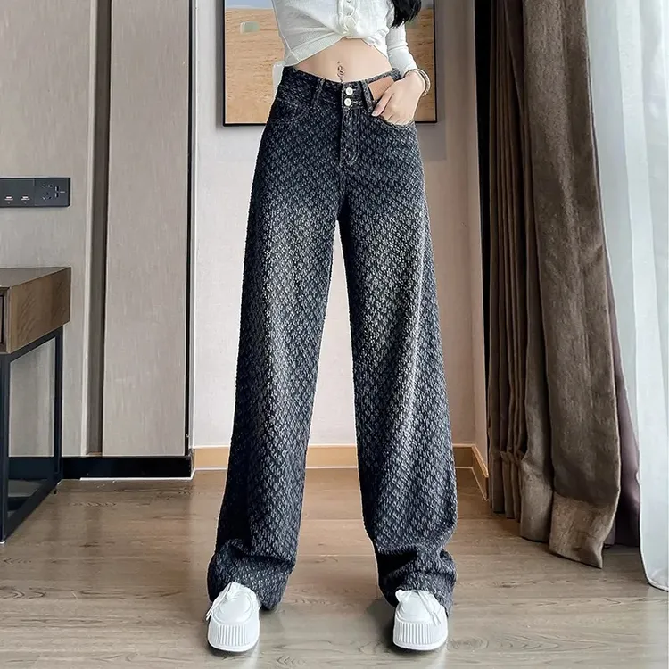 怀旧新款牛仔裤女阔腿长裤2025春高腰渐变色提花宽松垂感拖地女裤