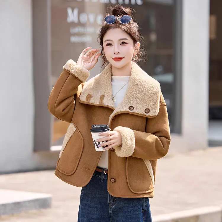 复古毛毛外套女短款翻领双面穿保暖皮毛一体夹克