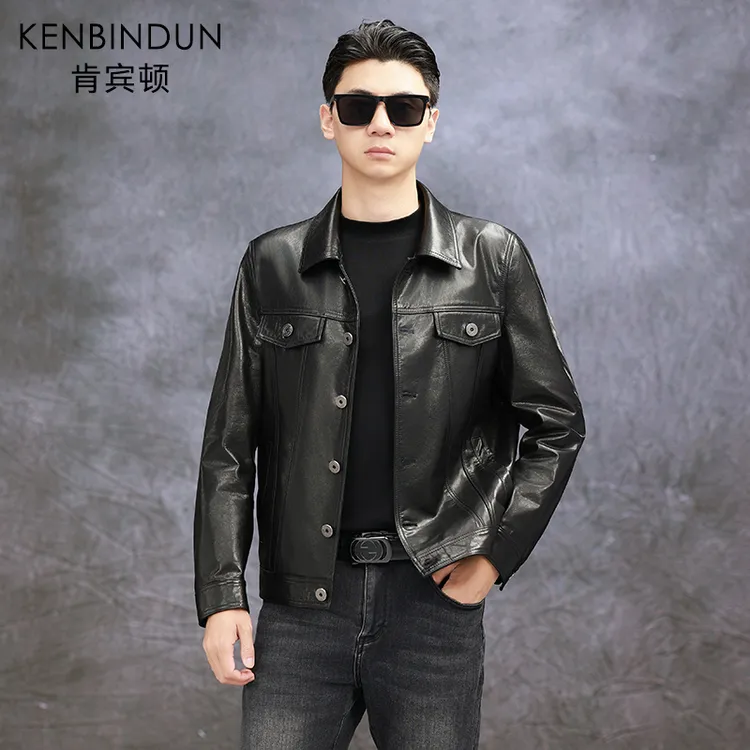 KENBINDUN/肯宾顿 6672真皮皮衣男头层油蜡牛皮夹克短款休闲外套