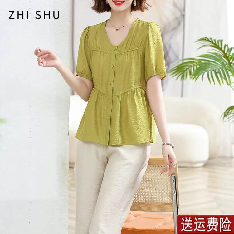 ZHISHU妈妈夏装套装新洋气纯色短袖上衣中老年女装岁雪纺恤