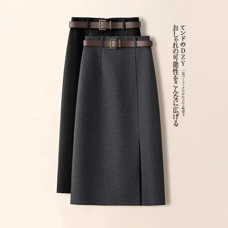 加厚毛呢a字半身裙女秋冬2025年新款高级感气质开叉直筒包臀裙子
