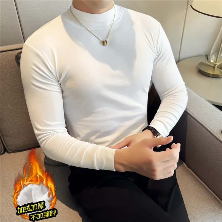白色半高领加绒T恤男款2025中领修身弹力内搭男士秋冬长袖打底衫