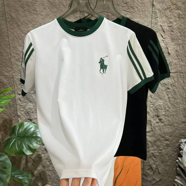 夏季新款拼接织带刺绣撞色圆领短袖T恤轻奢时尚潮牌男装半袖上衣