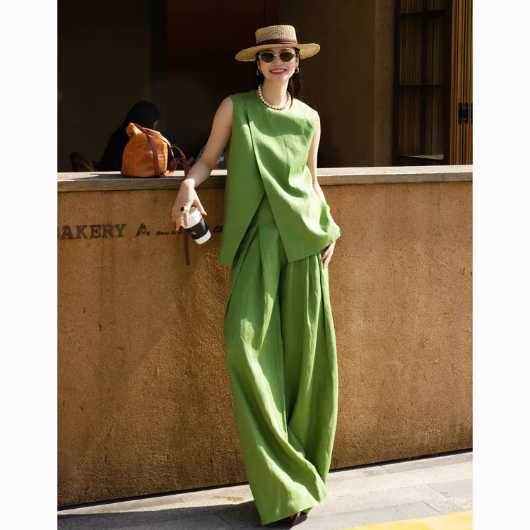 ZEROYK时尚套装女夏季新款老钱风亚麻背心上衣阔腿裤休闲两件套