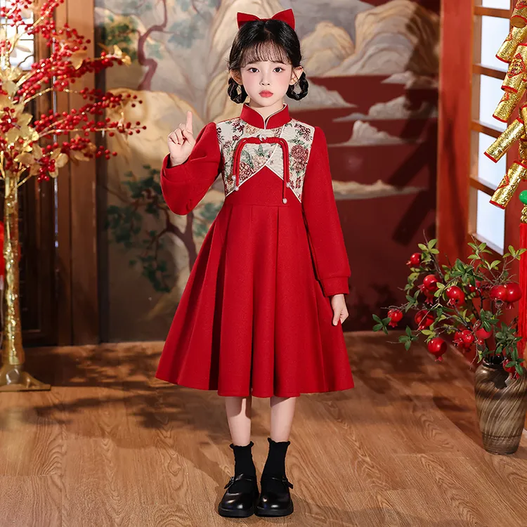 女童旗袍连衣裙冬季2025新款小女孩洋气公主裙秋装儿童红色裙子冬