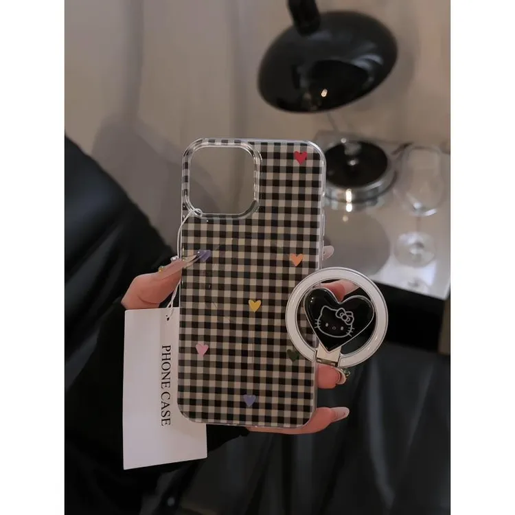 格纹彩色爱心适用于苹果16promax手机壳iPhone15华为双层磁吸小米