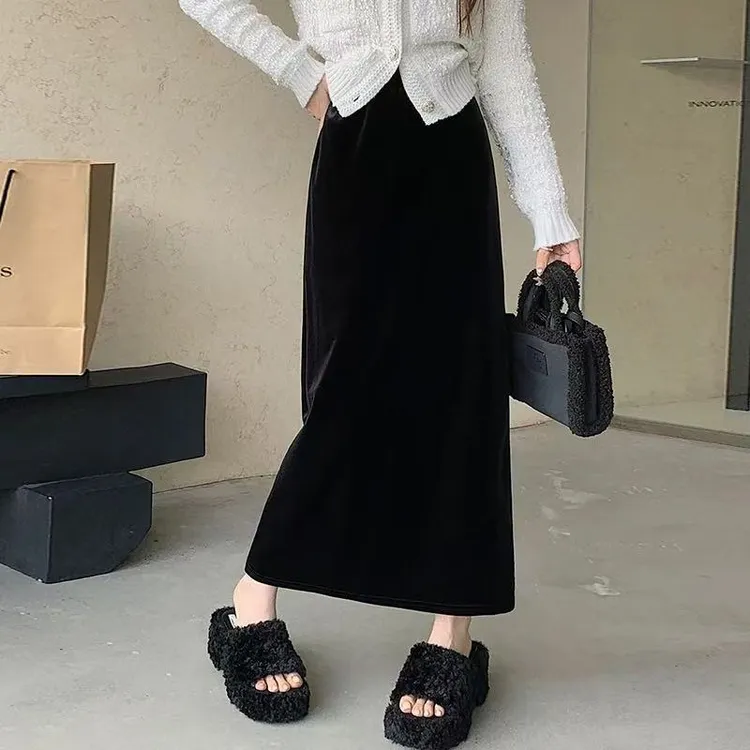 126 秋冬高腰加绒丝绒裙 F158
