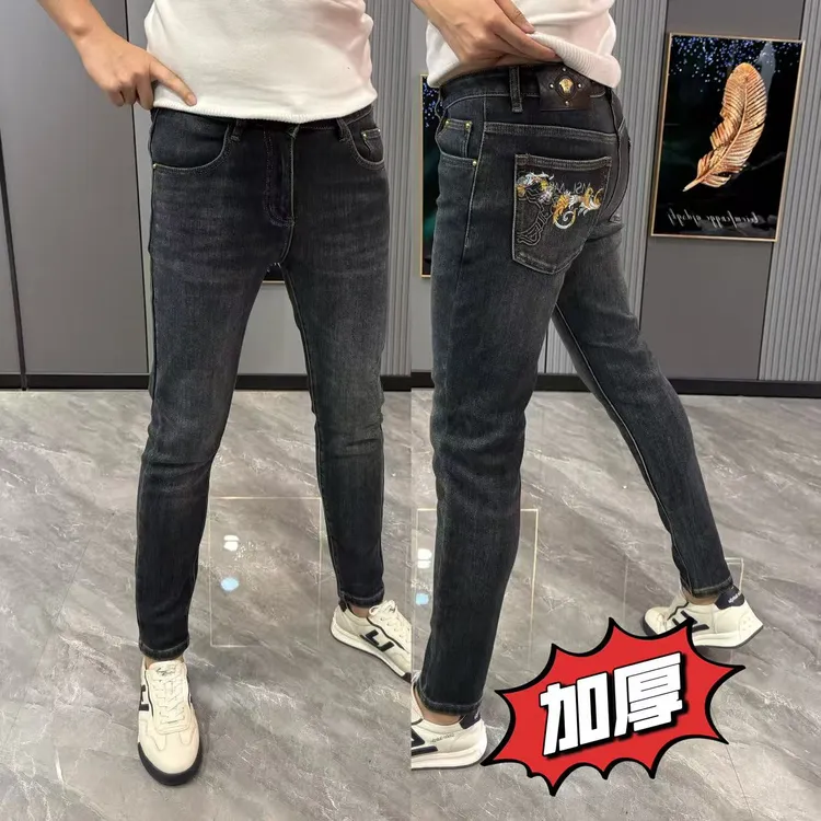 男裤冬季新款牛仔裤男款潮流个性印花长裤弹力修身小脚裤加厚保暖