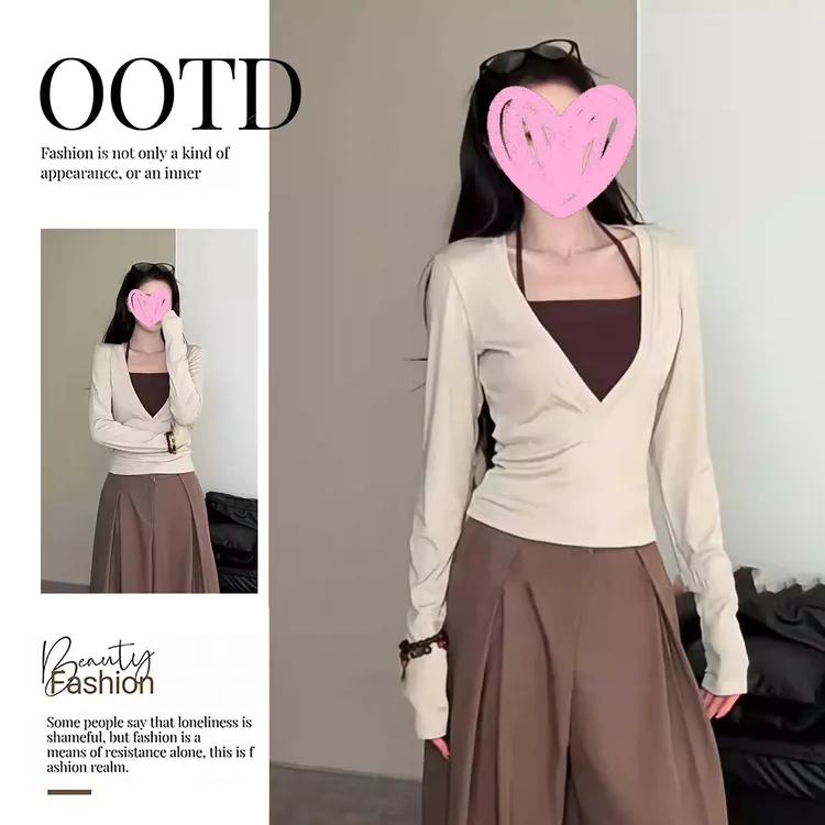 早秋独特超好看上衣女2025新款假两件挂脖拼接修身内搭打底衫t恤
