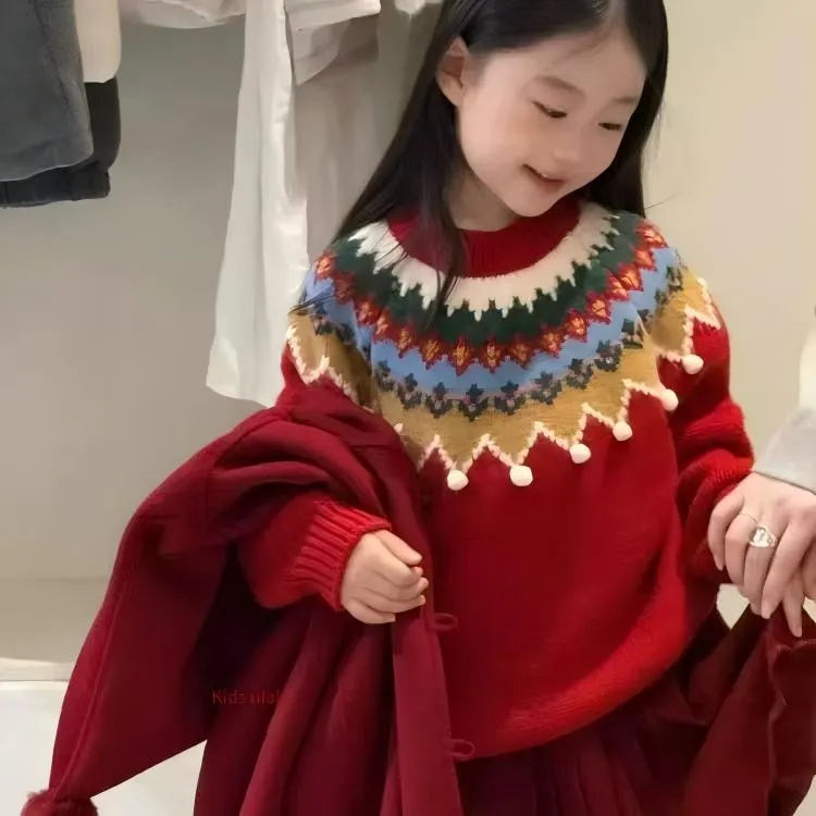 儿童毛衣红色内搭男女童针织衫2025新款毛线衣加厚冬宝宝打底衫