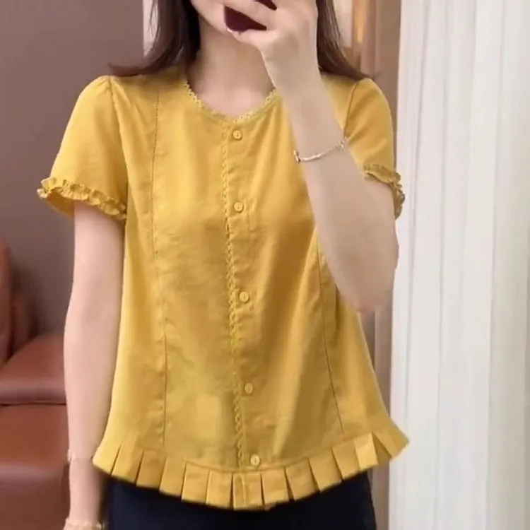 法式清爽设计感纯色短袖花边衬衫（2）