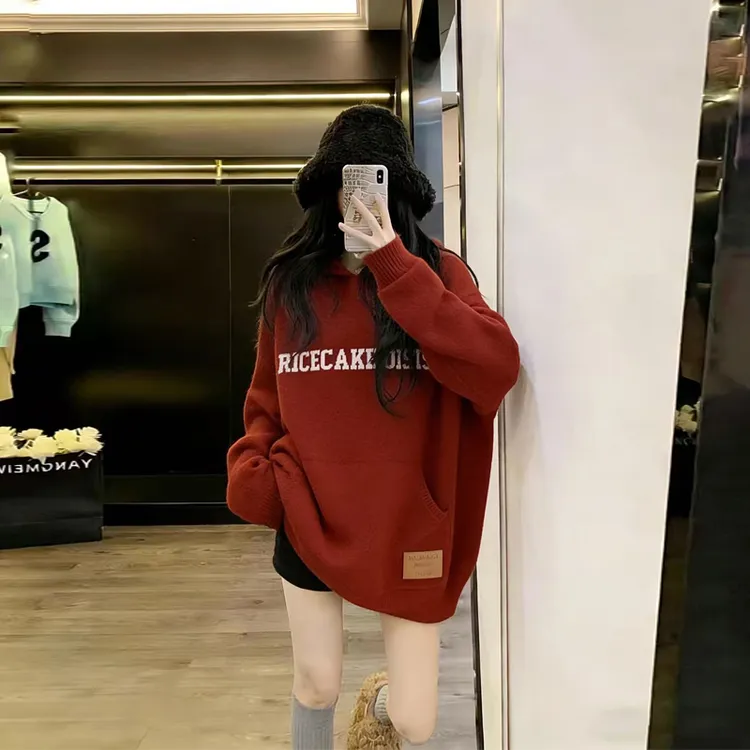 新年红色字母毛衣女秋冬季气质慵懒风韩版宽松显瘦百搭时尚上衣