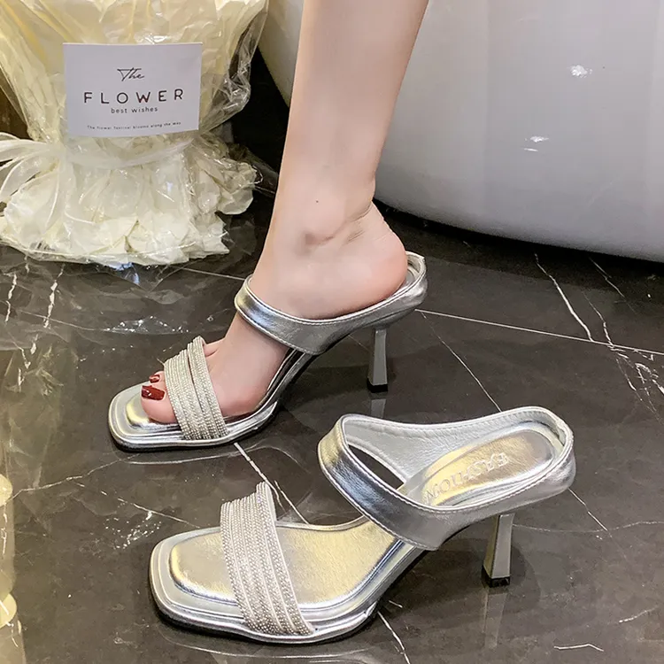 高跟拖鞋女2025夏季新款方头细跟气质性感一字带时尚百搭露趾凉鞋