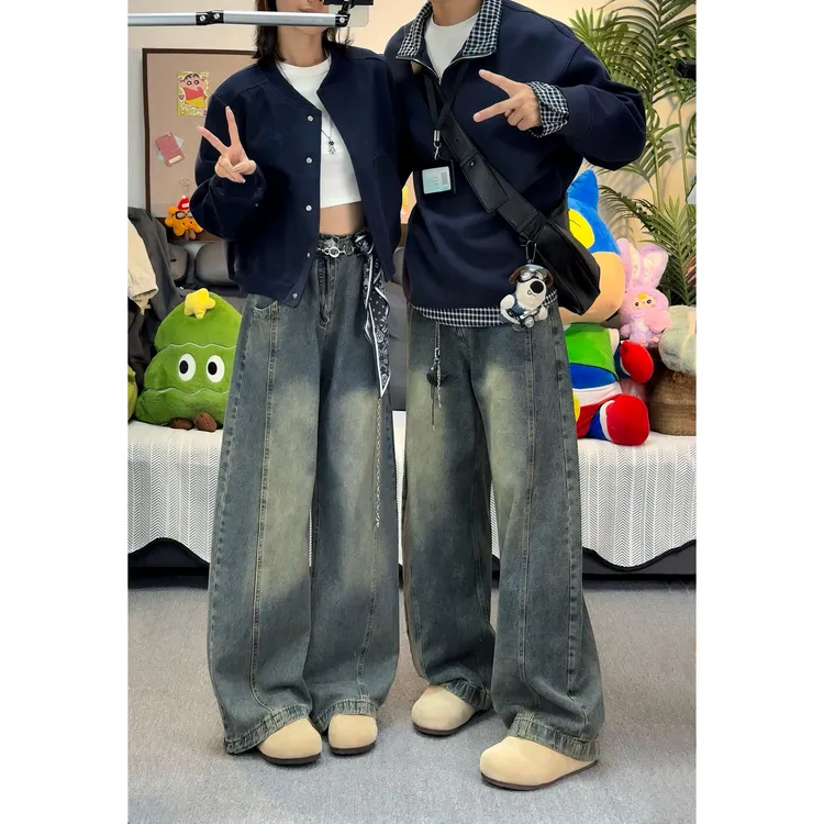 美式高街潮牌阔腿弯刀牛仔裤男生秋冬新款大码宽松直筒拖地长裤子