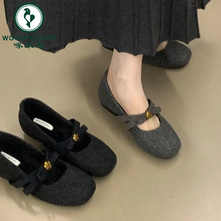 啄木鸟小香风玛丽珍毛毛鞋女2025冬新款内增高呢子单鞋蝴蝶结棉鞋