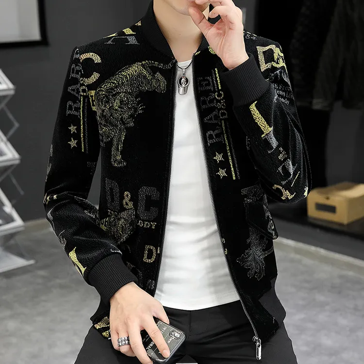 现货欧洲站时尚高档春秋季新款猛虎轻奢休闲潮流百搭男士夹克外套