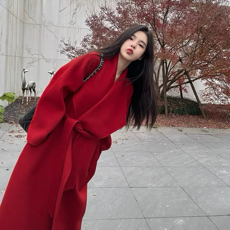 鹭青一红色双面呢子大衣女中长款秋冬小个子宽松结婚新娘毛呢外套
