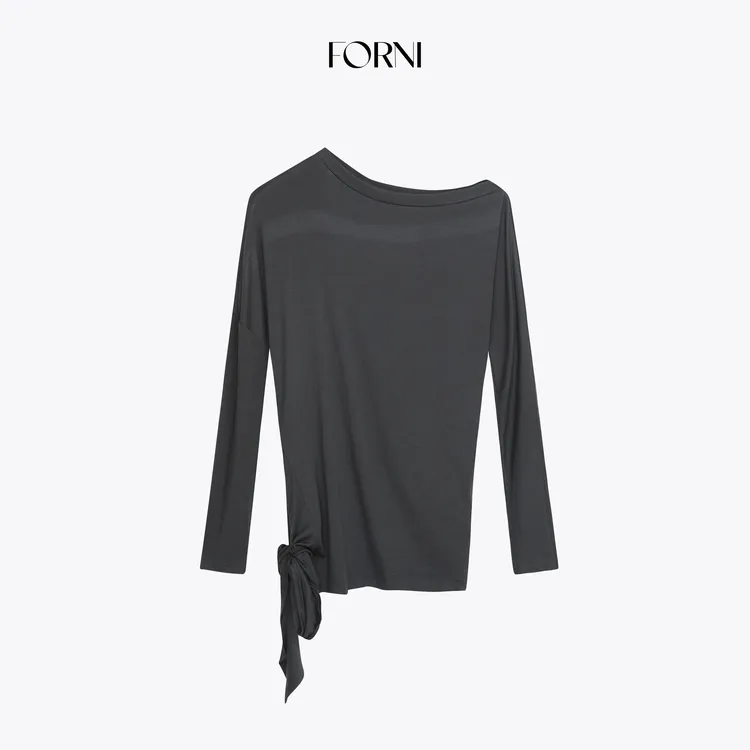 FORNI 飘飘衫 法式优雅天丝羊毛不规则飘带长袖打底上衣