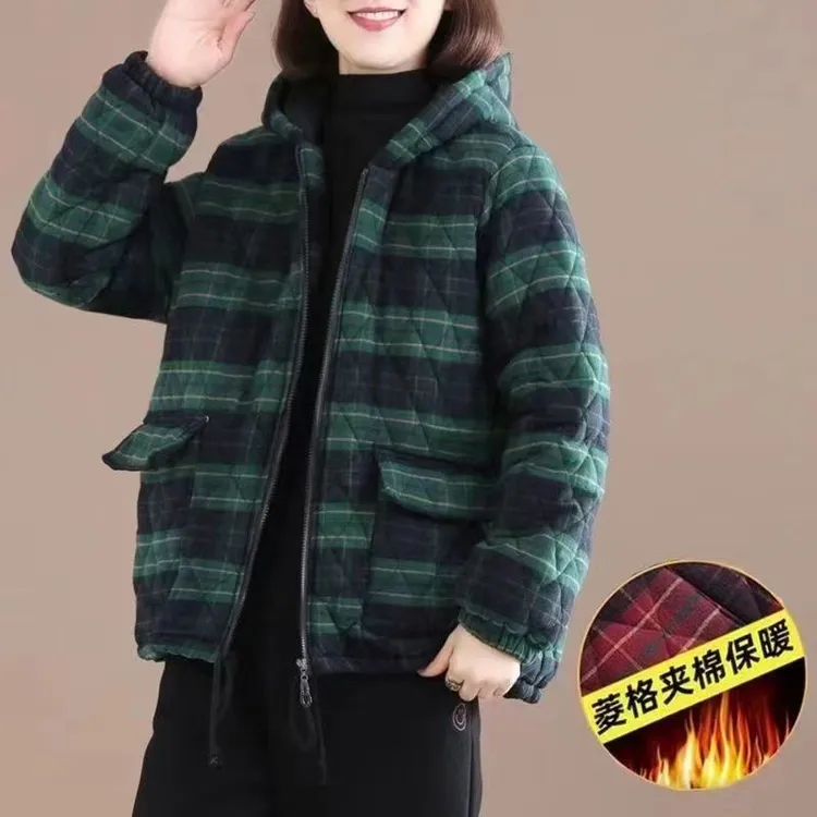 棉服女2024新款上衣外套厚款秋冬款妈妈大码女装女士棉袄格子棉衣