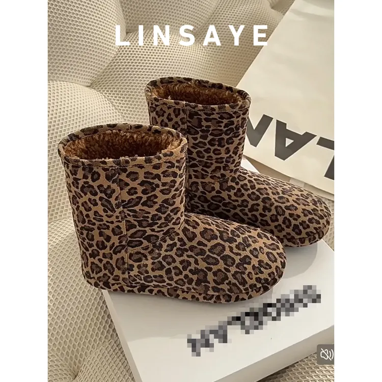 2025年秋冬新款真皮豹纹雪地靴女平底防滑短筒保暖棉鞋短靴女靴子