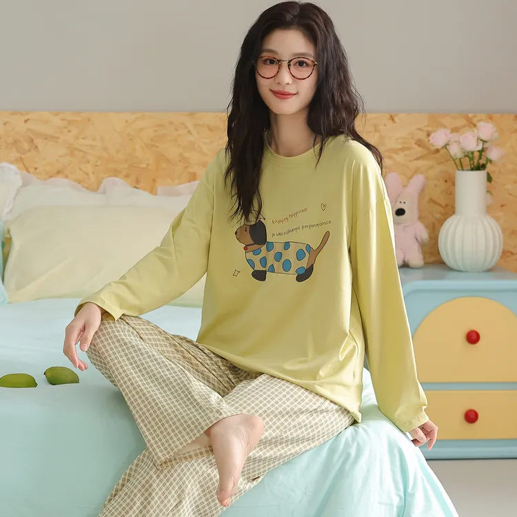 卡之恋睡衣女春秋季新款长袖纯棉奶绿腊肠狗家居服【早秋薄款190g】