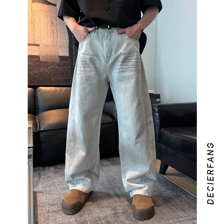 「压褶猫须  灰牛牛仔」25新款美式百搭高街宽松直筒阔腿休闲长裤