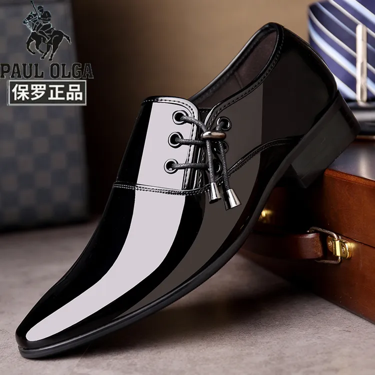 正品保罗男士韩版尖头真皮商务正装经典皮鞋百搭亮面简约结婚皮鞋