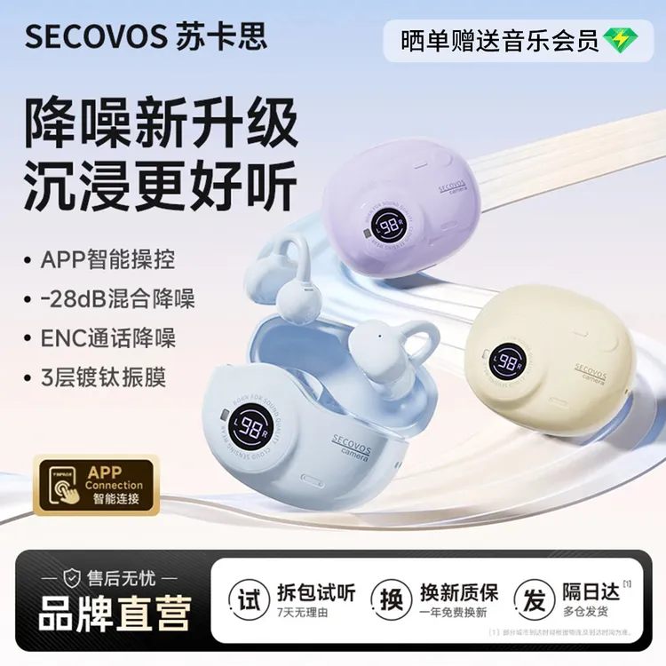 苏卡思2025年新款相机AI无线耳夹式蓝牙耳机HIFI音质长超长续航