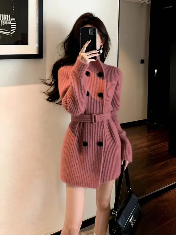 Z223法式豆沙粉色针织开衫秋冬穿搭女新款巨好看的毛衣加厚外套