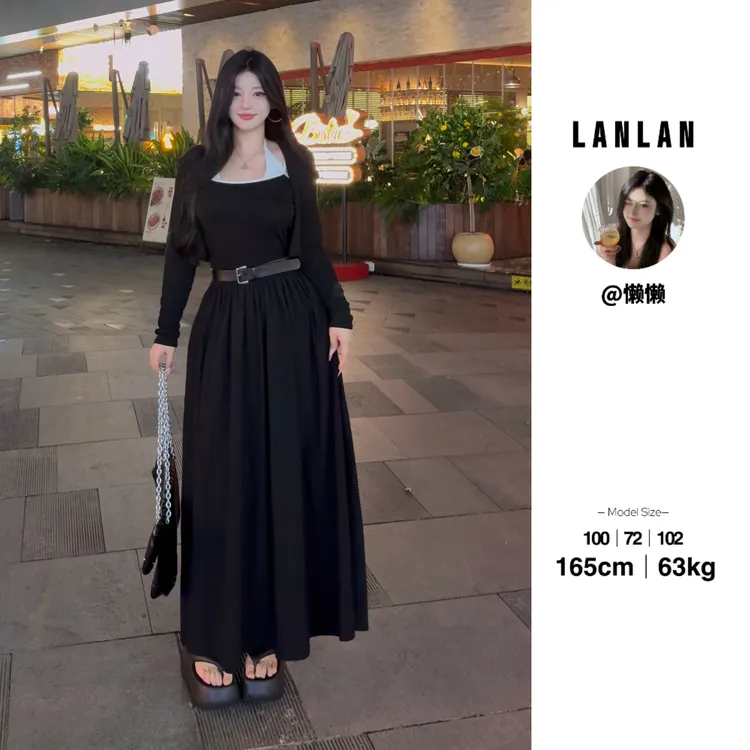 Lanlan-【海港漫步】设计感撞色拼接假两件吊带连衣裙收腰显瘦长裙