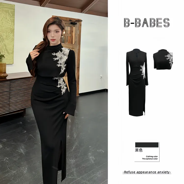 B-babes【观庭落】大码新中式改良刺绣连衣裙斗篷外搭披肩真两件套